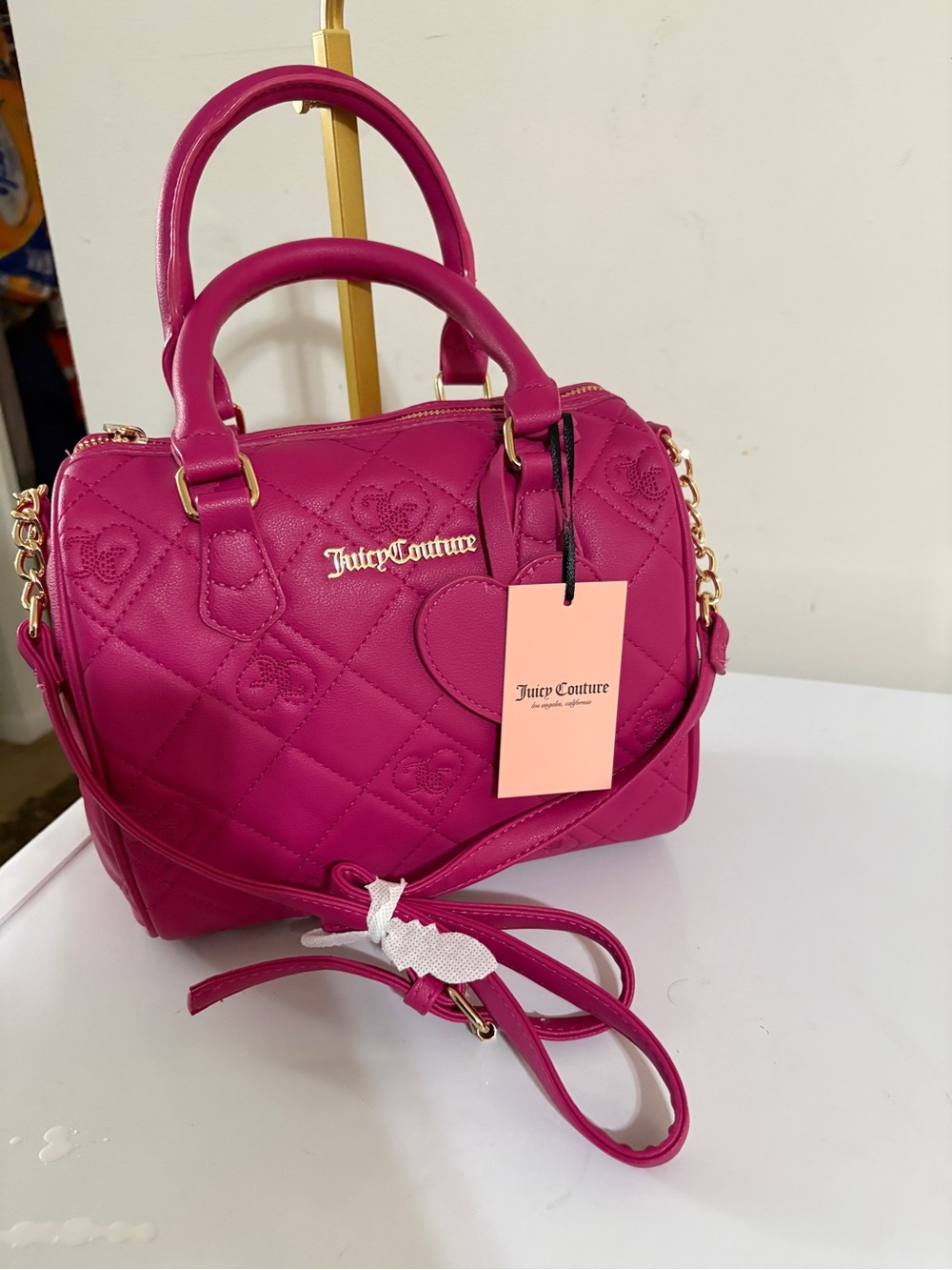 Juicy Couture Fuchsia Quilted Heart Satchel with Gold Hardware